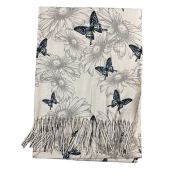 Women&rsquo;s scarf with blue and yellow beige butterfly print with fringes in viscose wool