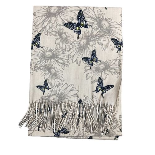 Women's scarf with blue and yellow beige butterfly print with fringes in viscose wool