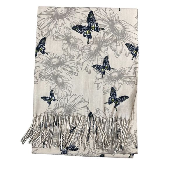 Écharpe femme imprimé papillons bleu et jaune beige à franges en viscose laine