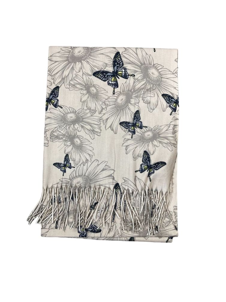 Women’s scarf with blue and yellow beige butterfly print with fringes in viscose wool