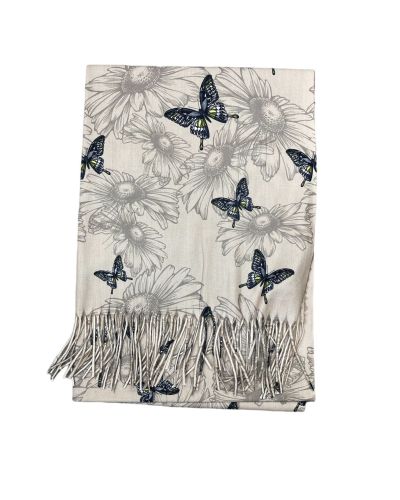 Écharpe femme imprimé papillons bleu et jaune beige à franges en viscose laine