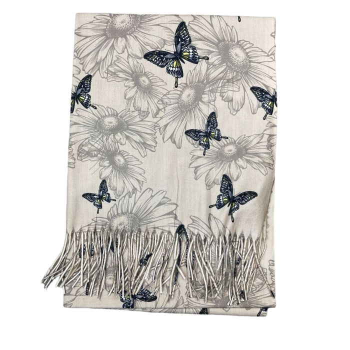 Écharpe femme imprimé papillons bleu et jaune beige à franges en viscose laine