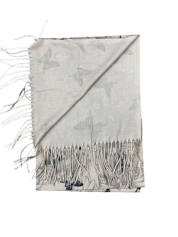 Women’s scarf with blue and yellow beige butterfly print with fringes in viscose wool