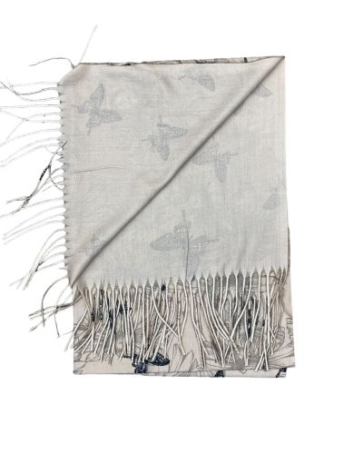 Écharpe femme imprimé papillons bleu et jaune beige à franges en viscose laine