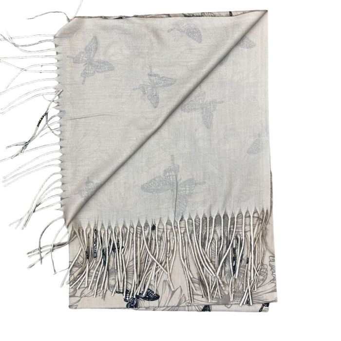 Écharpe femme imprimé papillons bleu et jaune beige à franges en viscose laine