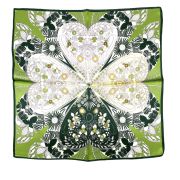 Green silk square scarf floral pattern heart in clover heart