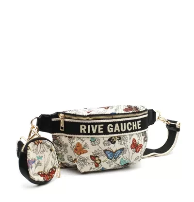 Pochette banane femme imprimé papillons colorés sur fond beige