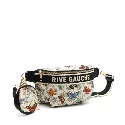 Pochette banane femme imprimé papillons colorés sur fond beige